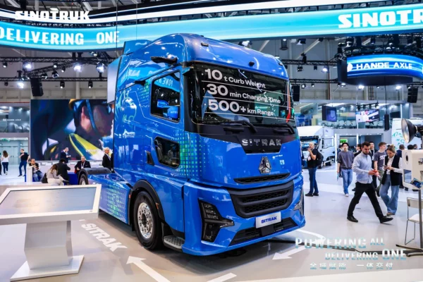Blue SITRAK battery-electric tractor at IAA Transportation 2026